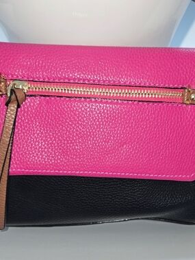 New 3- Tone Hot Pink and Black Leather Purse with Gold Hardware Shoulder Strap